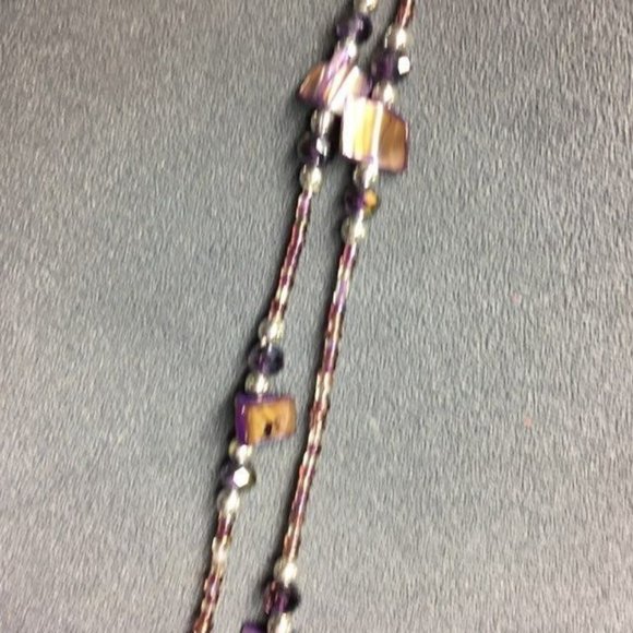 Long Double Strand Necklace Purple Mother Of Pearl Shell Silver Round Beach Retr - Picture 2 of 8